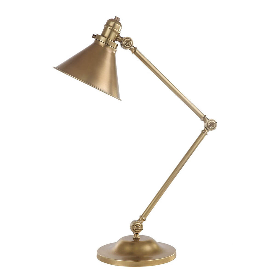 Lampe à poser en laiton vieilli, bras articulé et abat-jour conique incliné
