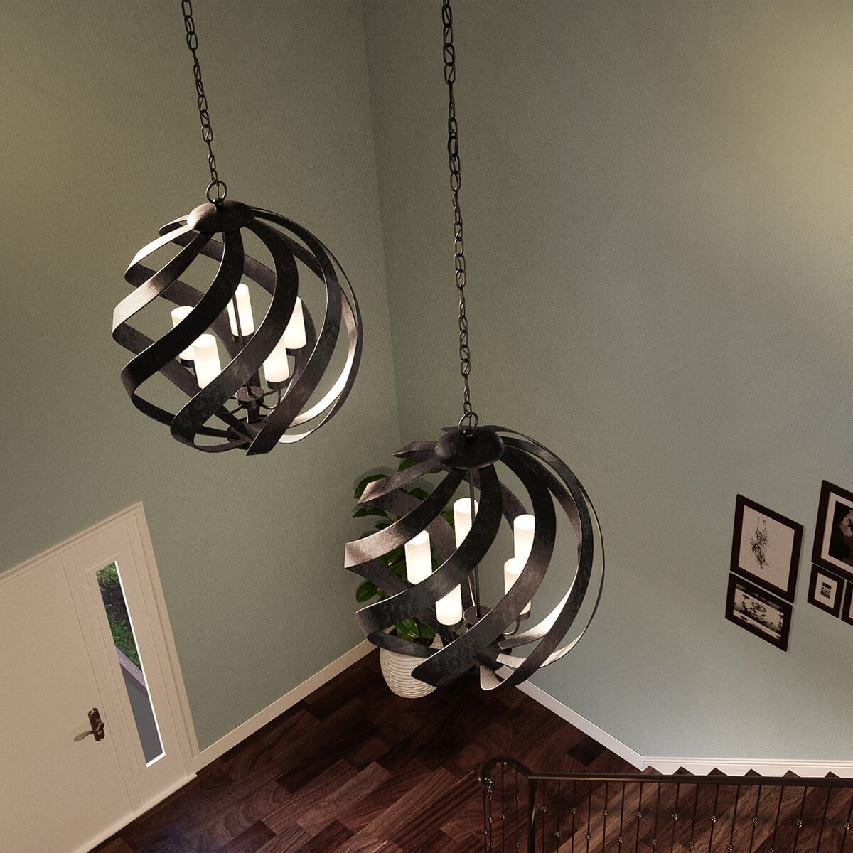 Suspension extérieure Blacksmith 5 lumières noire et opale, verre
