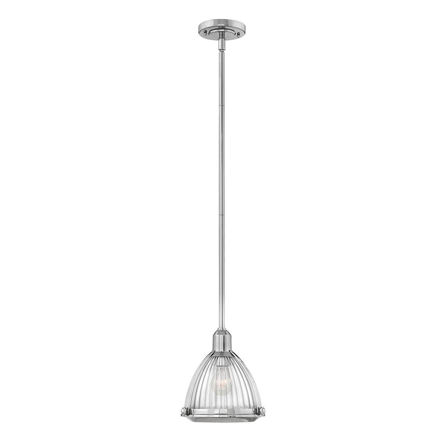 Suspension entière de face, tige nickel poli et abat-jour en verre cannelé transparent