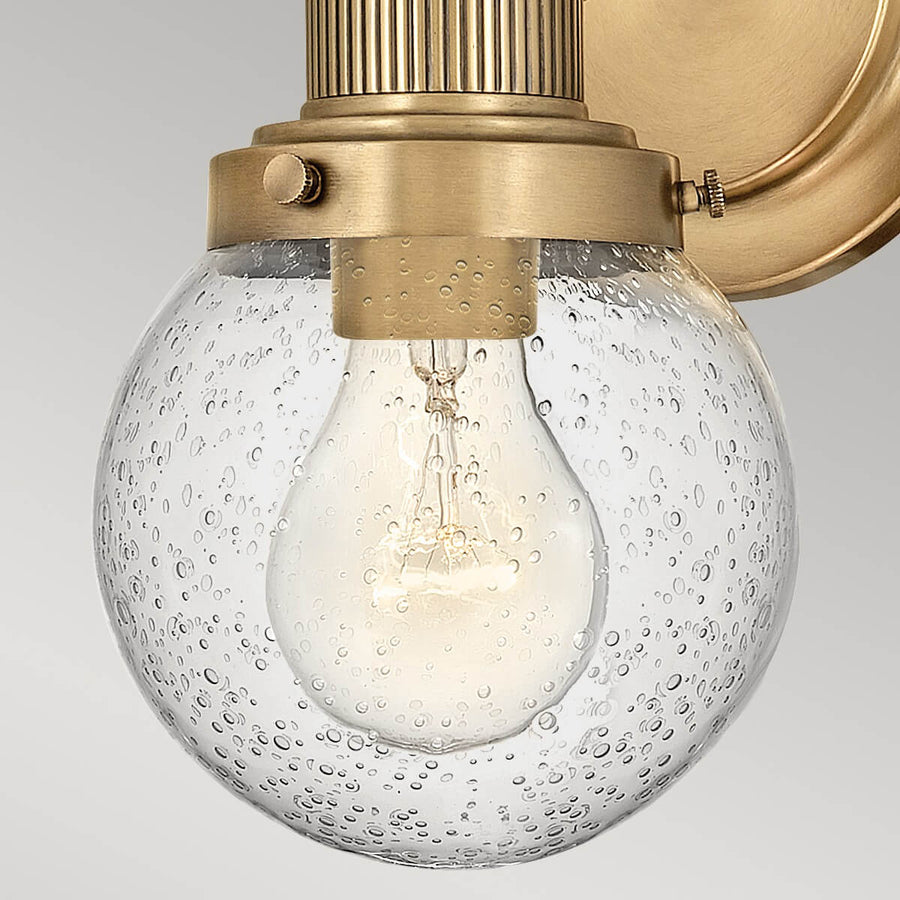Gros plan du globe en verre bullé avec ampoule à filament allumée à l'intérieur