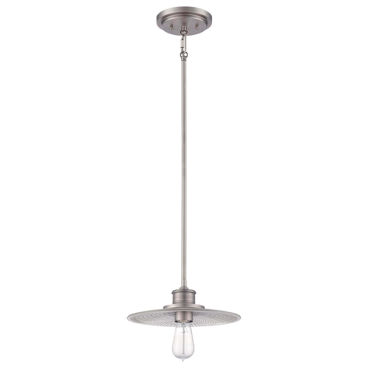 Luminaire suspendu entier, rosace de plafond et longue tige métallique nickelée