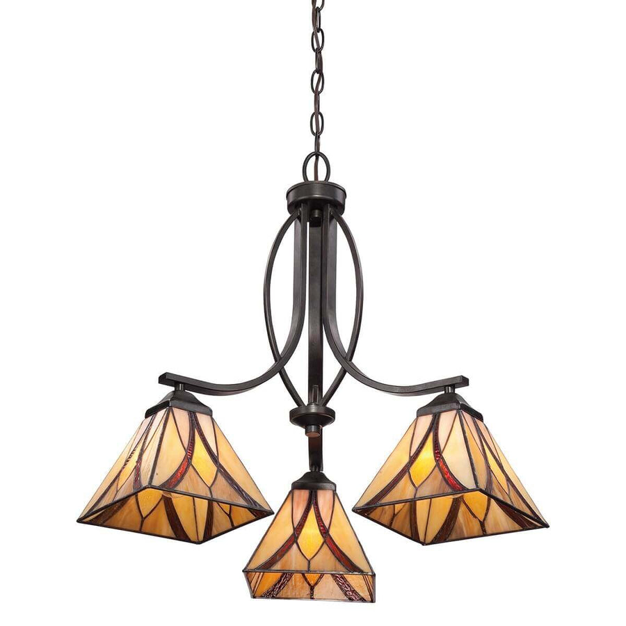 Lustre présenté de trois quarts, mettant en valeur la chaîne et le raccord bronze