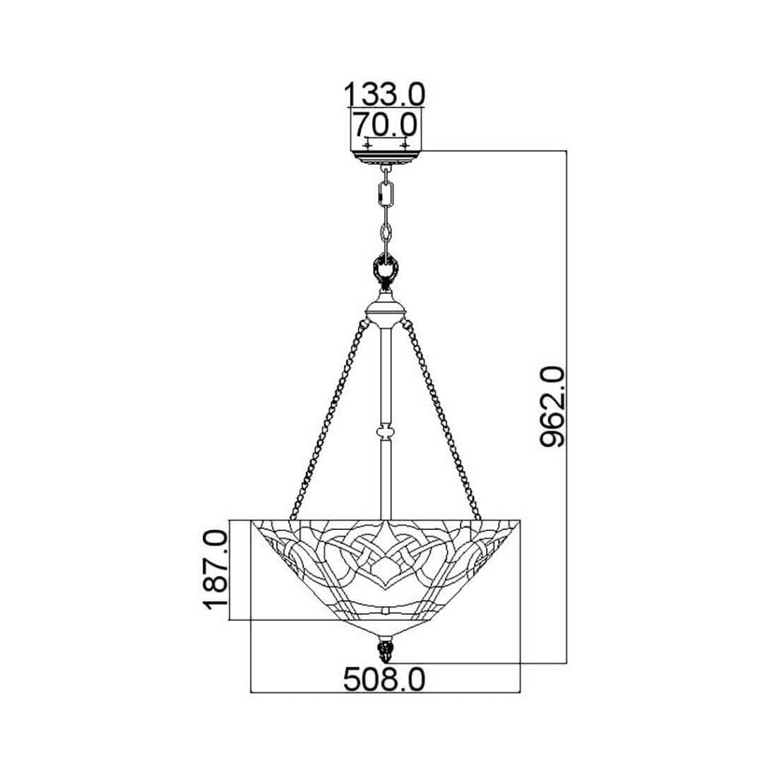 Schéma coté du luminaire indiquant hauteur, largeur et diamètre de l'abat-jour