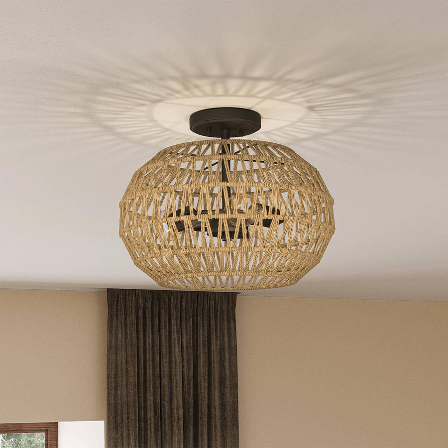 Plafonnier Casablanca 3 lumières bronze et bois, corde