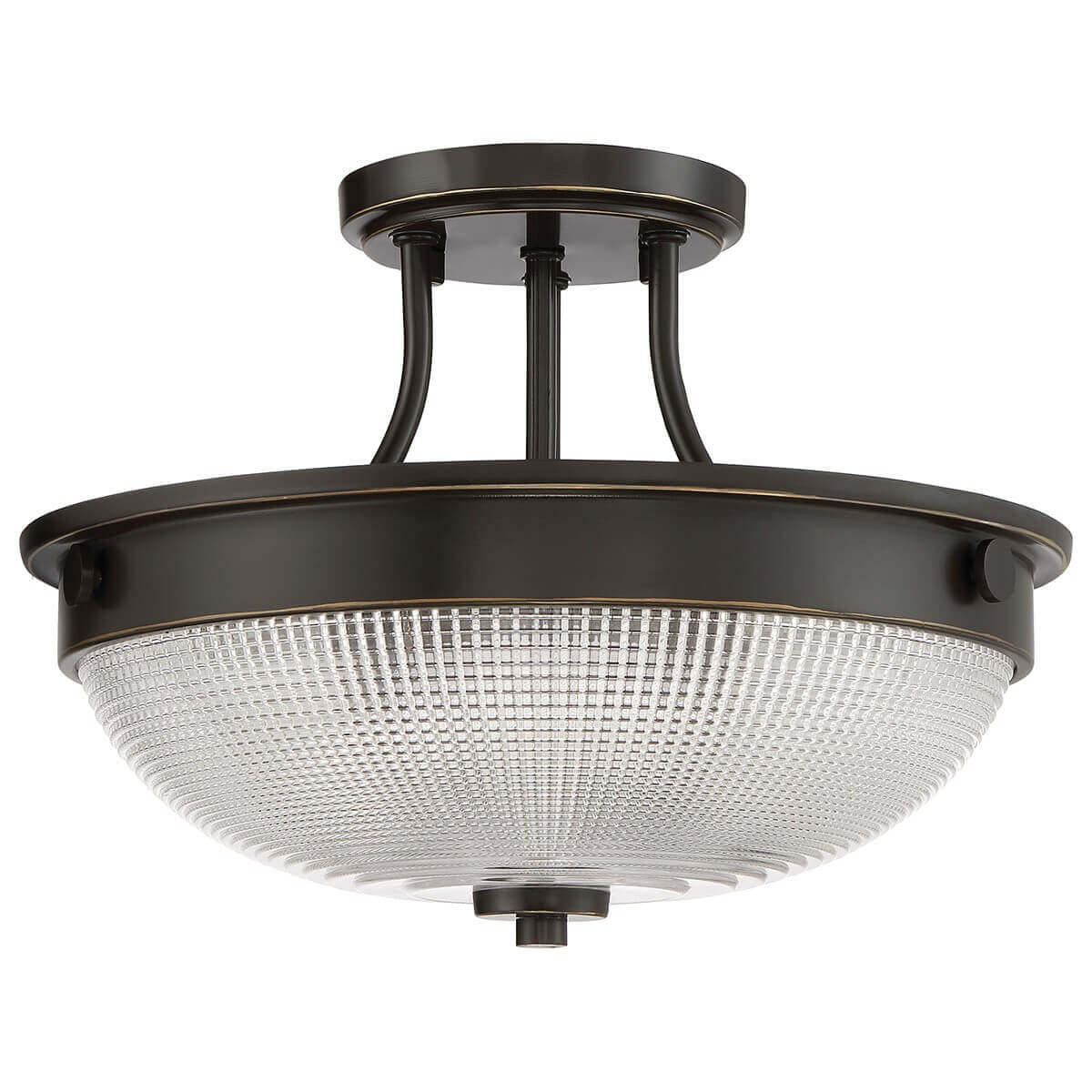 Vue rapprochée du plafonnier montrant la fixation circulaire et les tiges métalliques bronze.