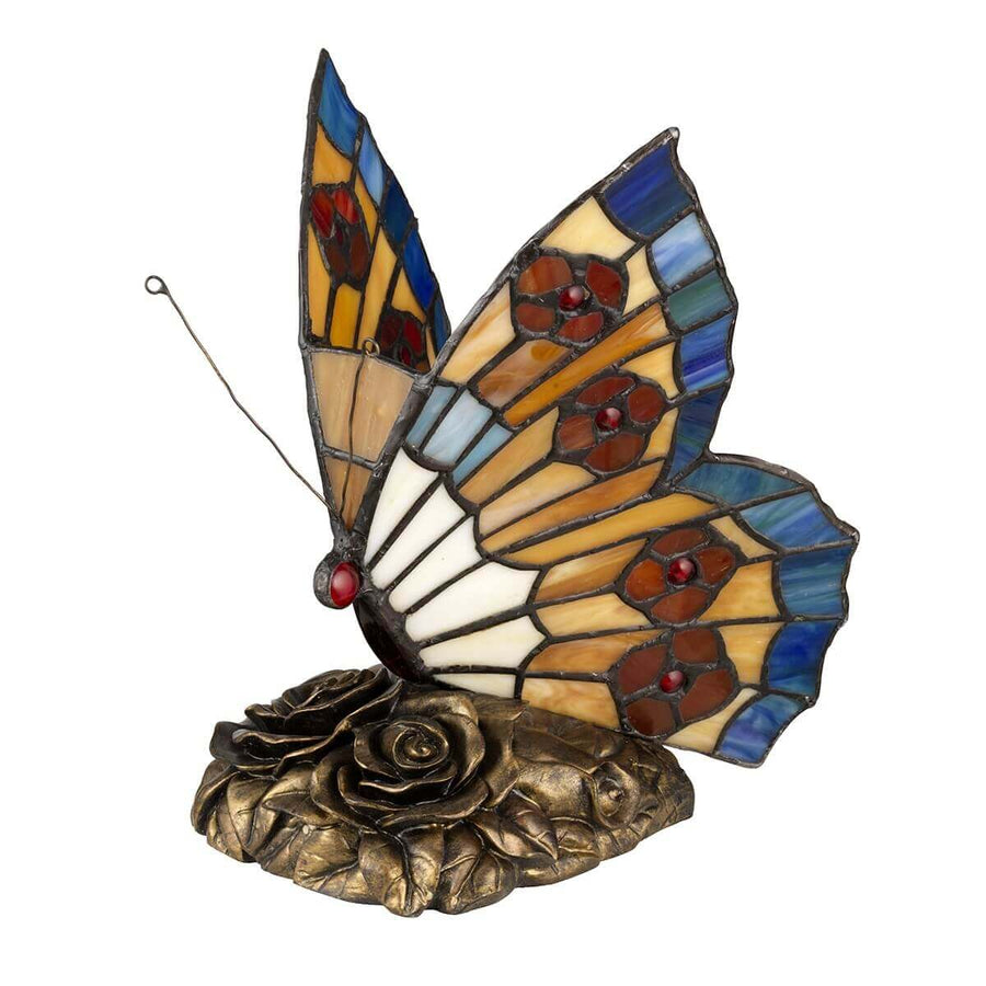 Vue de trois quarts arrière du papillon, aile relevée et base en bronze