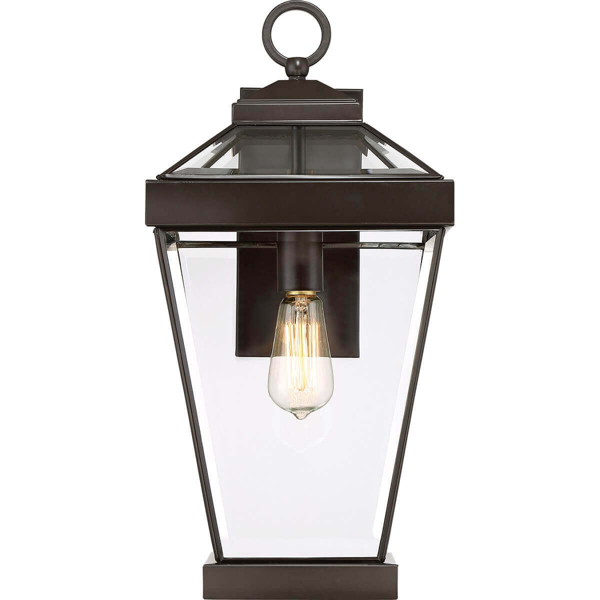 Luminaire présenté bien de face, ampoule à filament allumée et monture métal foncé