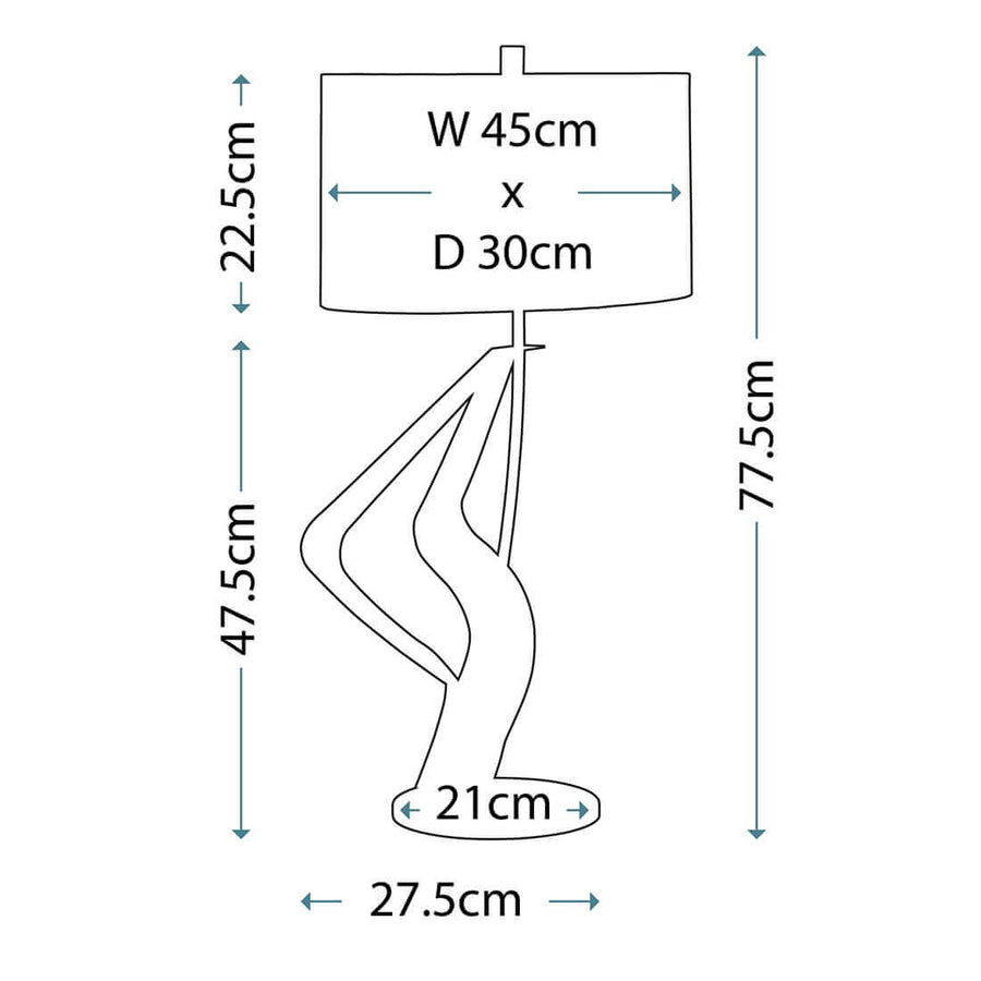 Schéma coté : hauteur totale, dimensions de l'abat-jour et diamètre de la base
