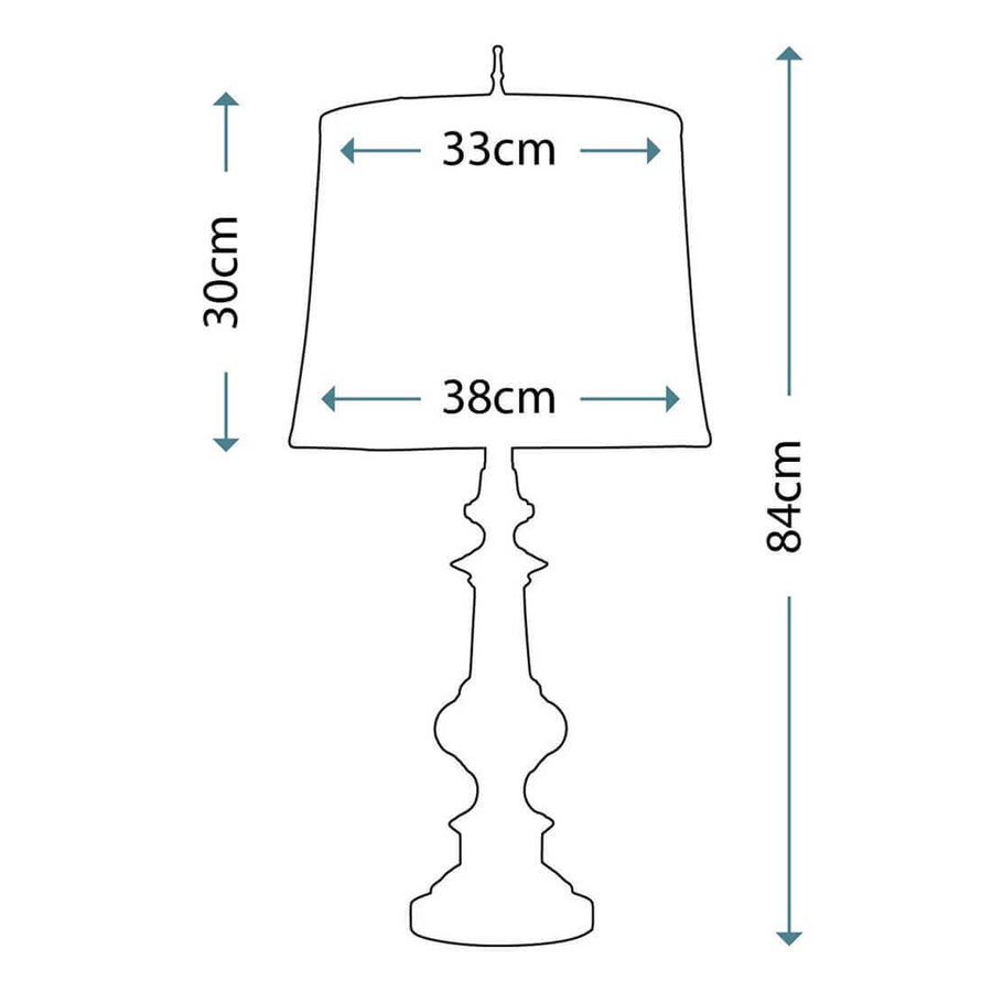 Schéma technique coté montrant 84 cm de hauteur totale et 30 cm d'abat-jour.