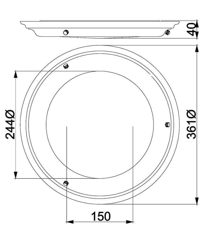 Schéma technique coté du plafonnier avec diamètre et hauteur.