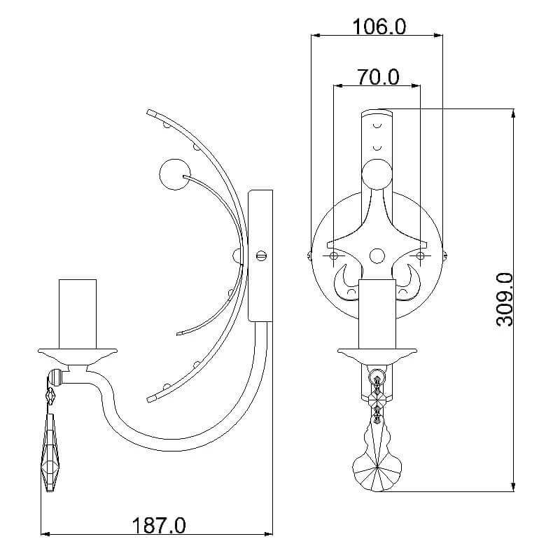 Schéma coté de l'applique indiquant une largeur de 187 mm et 309 mm de hauteur