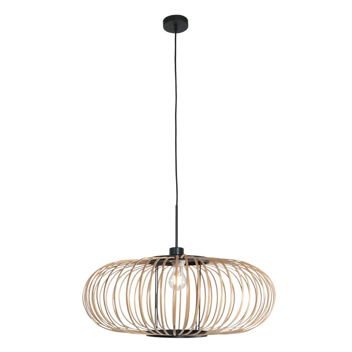 Vue entière du luminaire suspendu avec son câble et sa rosace noire.