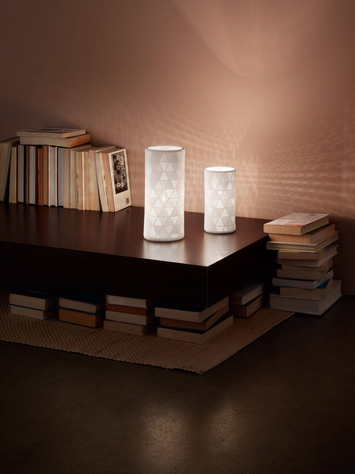 Mise en ambiance : deux lampes posées sur une table basse en bois entourées de livres