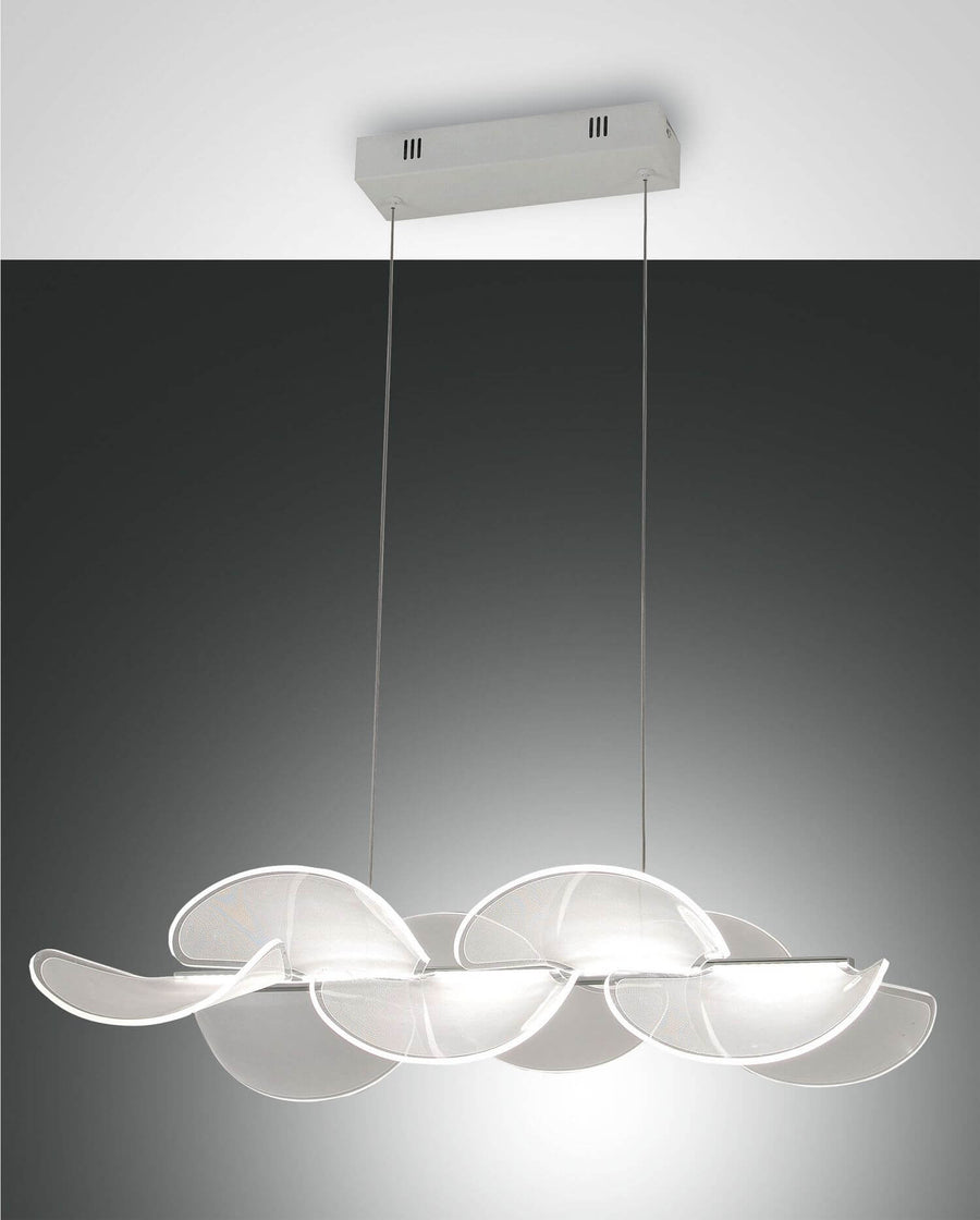 Suspension blanche de face avec platine rectangulaire et diffuseurs ondulés translucides.