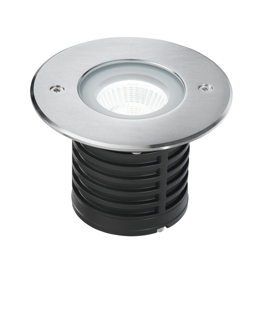 Vue de dessus, collerette inox brossé vissée et lentille LED blanche allumée