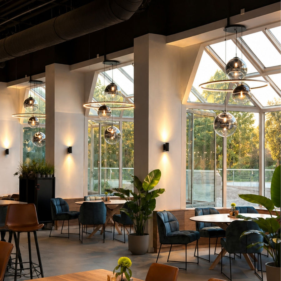 Suspension grande hauteur LED Galaxy XXL 8 lumières, globes en verre