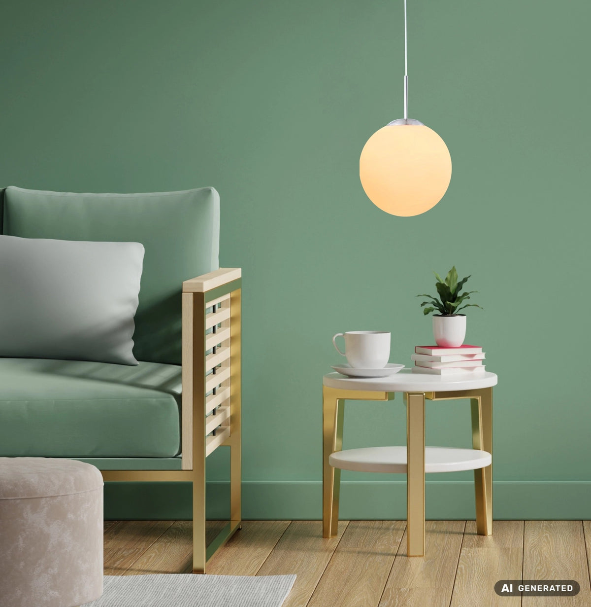 Mise en ambiance du luminaire allumé au-dessus d'une table de salon verte