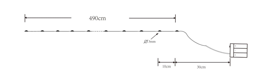 Schéma technique : longueur 490 cm, diamètre 3 mm, câble 10 cm et 30 cm.
