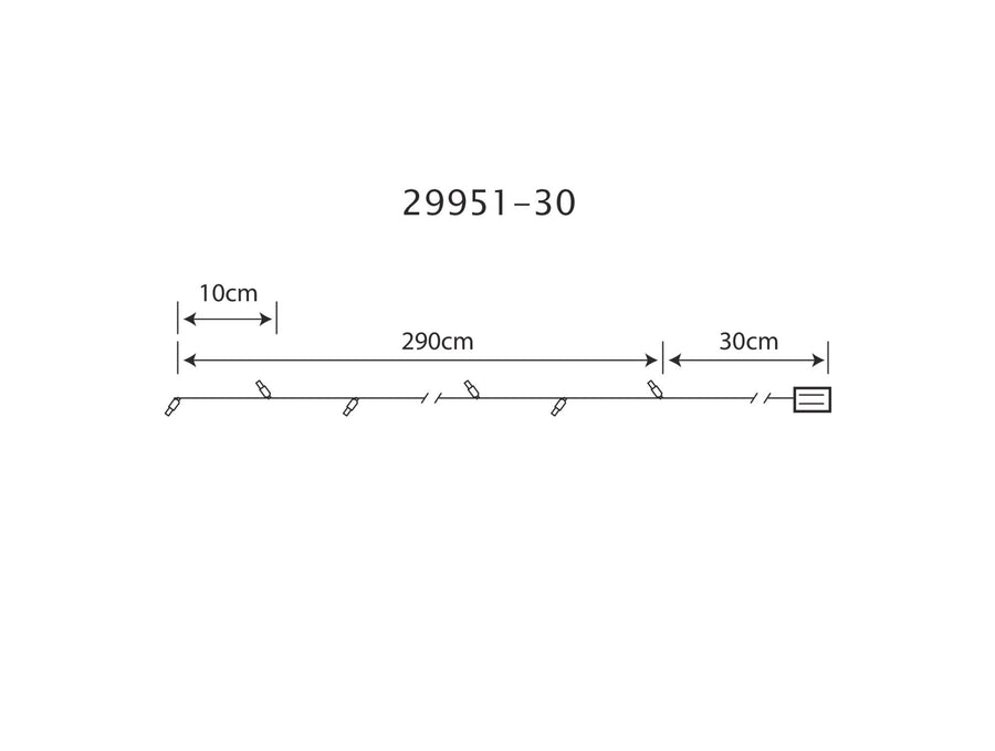 Schéma de dimensions indiquant 290 cm de câble et 30 cm de raccord.