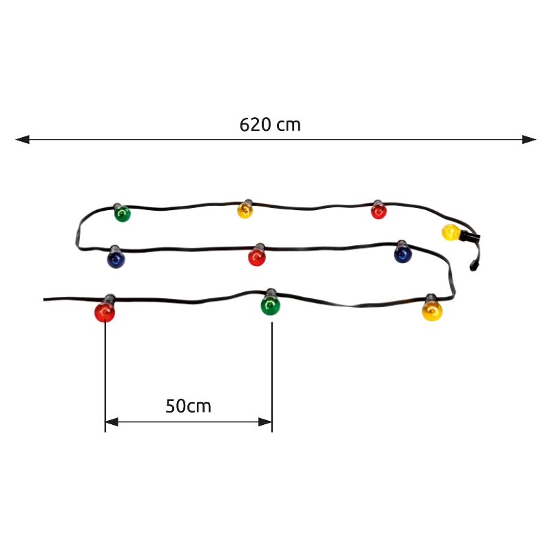 Schéma de dimensions indiquant longueur totale 620 cm et espacement des ampoules de 50 cm