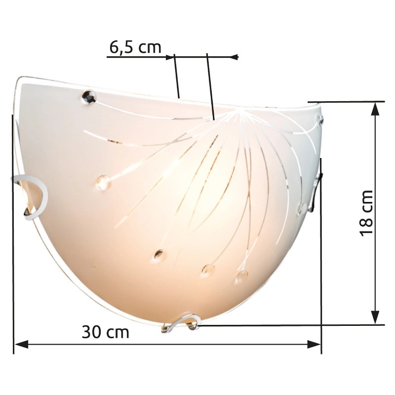 Schéma coté de l'applique murale : largeur 30 cm, hauteur 18 cm, profondeur 6,5 cm.