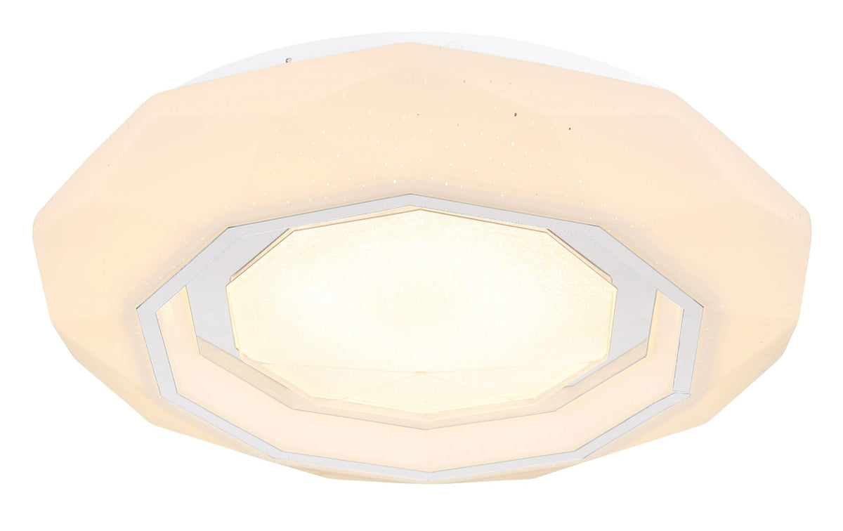Plafonnier octogonal blanc mat allumé, rendu de lumière chaude et homogène