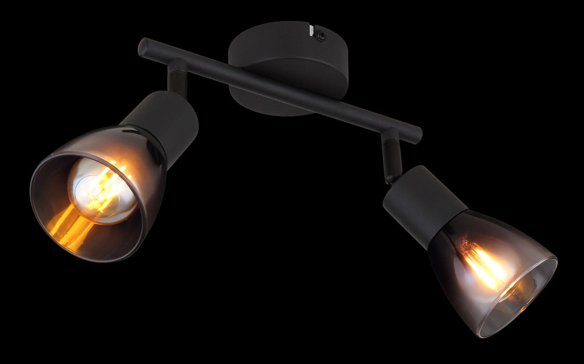 Détail des douilles et des ampoules visibles à travers les verres fumés du luminaire