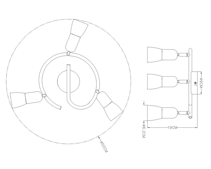 Schéma technique avec dimensions du plafonnier et de ses spots orientables.
