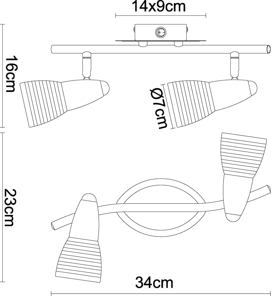 Schéma de dimensions du plafonnier avec base, hauteur et largeur indiquées.
