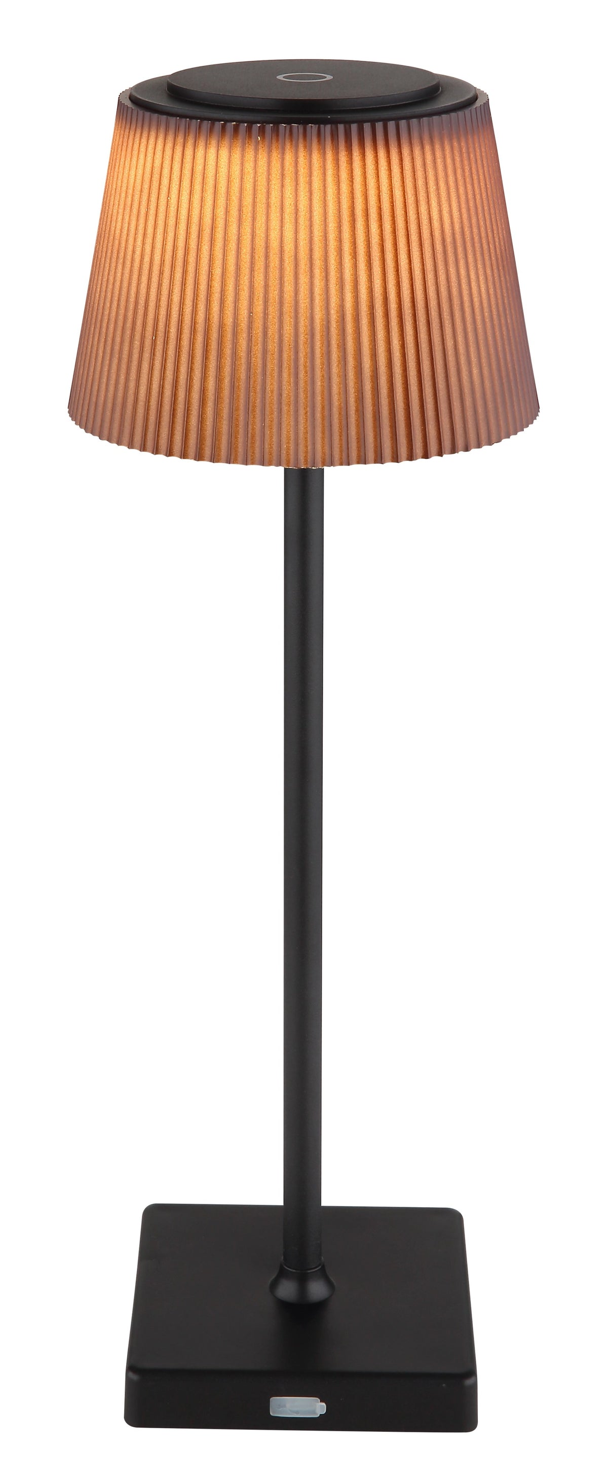 Détail de l'abat-jour plissé allumé, sommet noir avec commande tactile ronde.