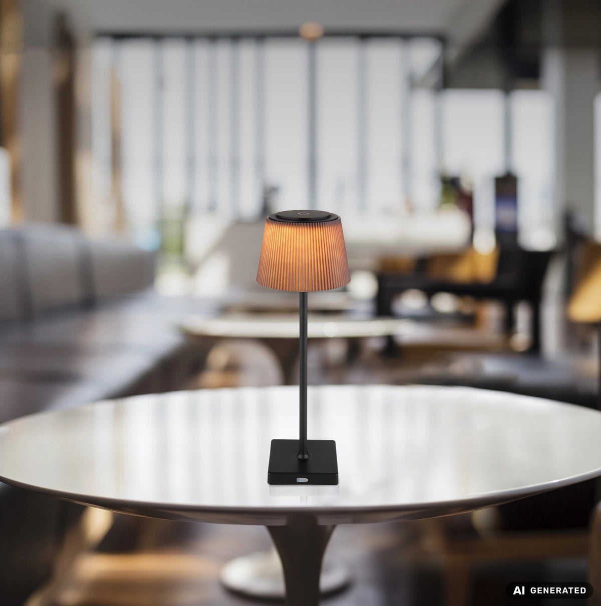 Mise en ambiance sur table ronde, lampe allumée dans un intérieur flou, image générée.