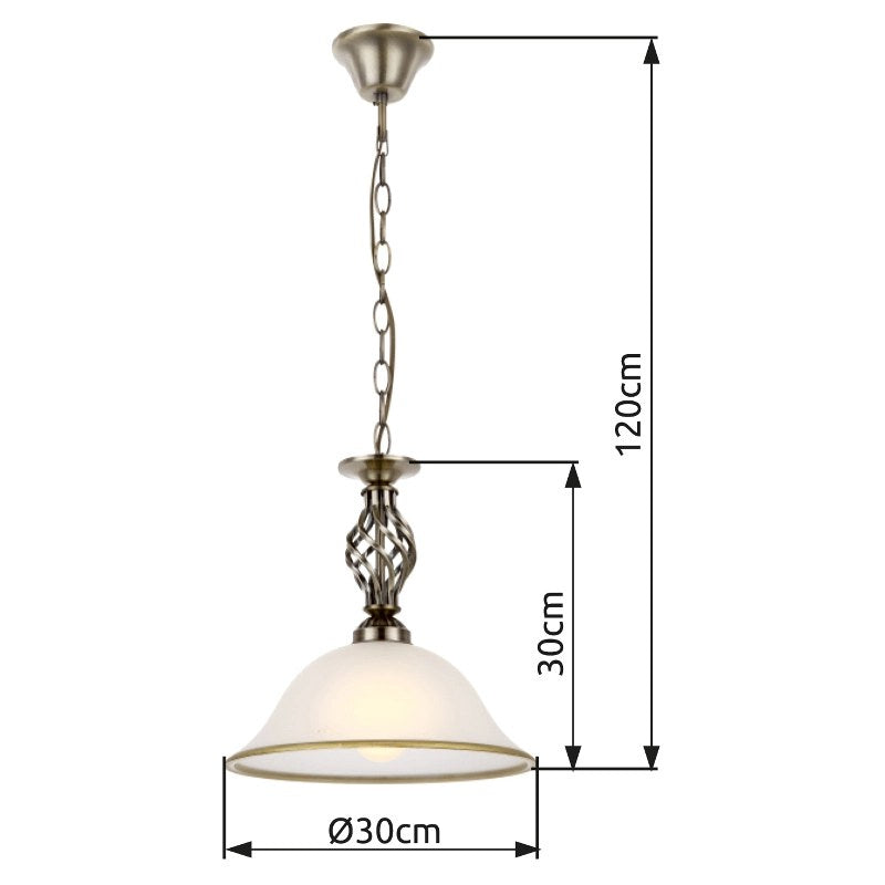 Photo cotée présentant les dimensions de la suspension et de l'abat-jour.