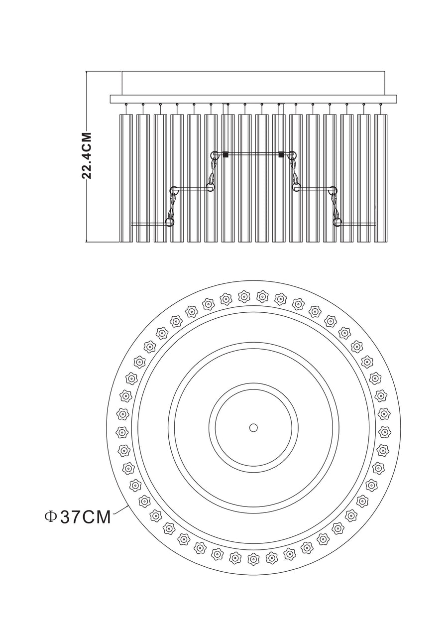 Schéma technique du plafonnier avec dimensions de hauteur et de diamètre.