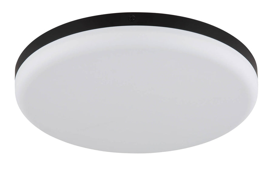Détail du luminaire éteint, bordure fine noire et vasque en verre dépoli blanc