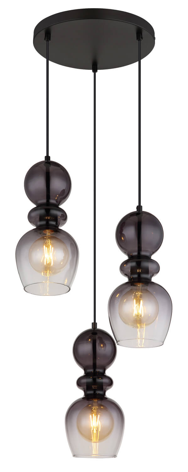Vue de face de la suspension noire avec trois pendants en verre fumé allumés