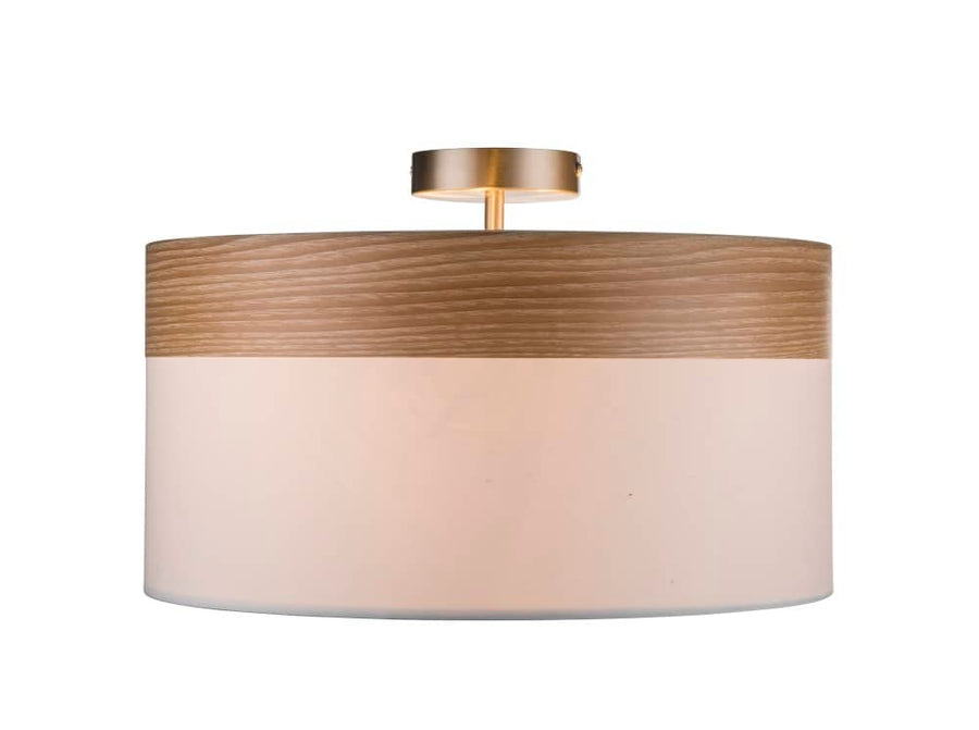 Luminaire présenté de face, abat-jour crème et cerclage bois texturé