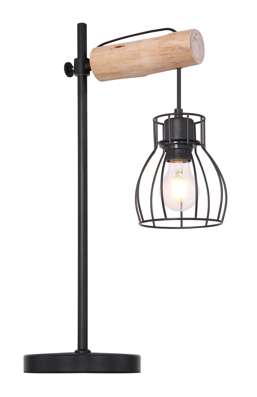 Vue entière du luminaire, pied métallique noir, tige réglable et suspension ajourée