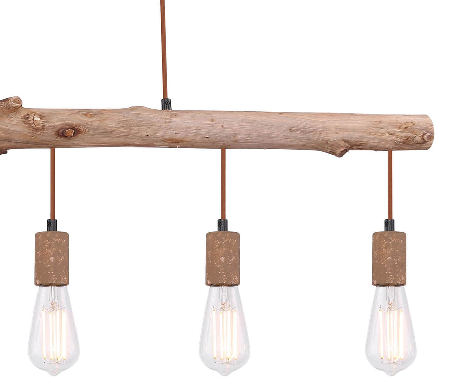Gros plan sur trois points lumineux et la poutre en bois brut