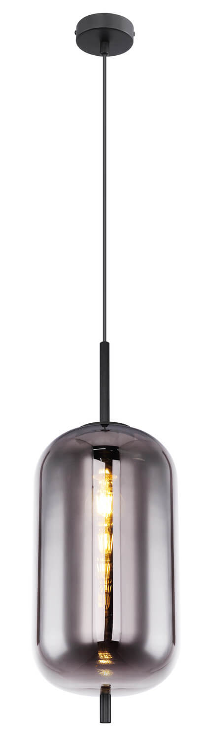 Vue de face du luminaire suspendu complet, verre fumé éteint sur fond blanc