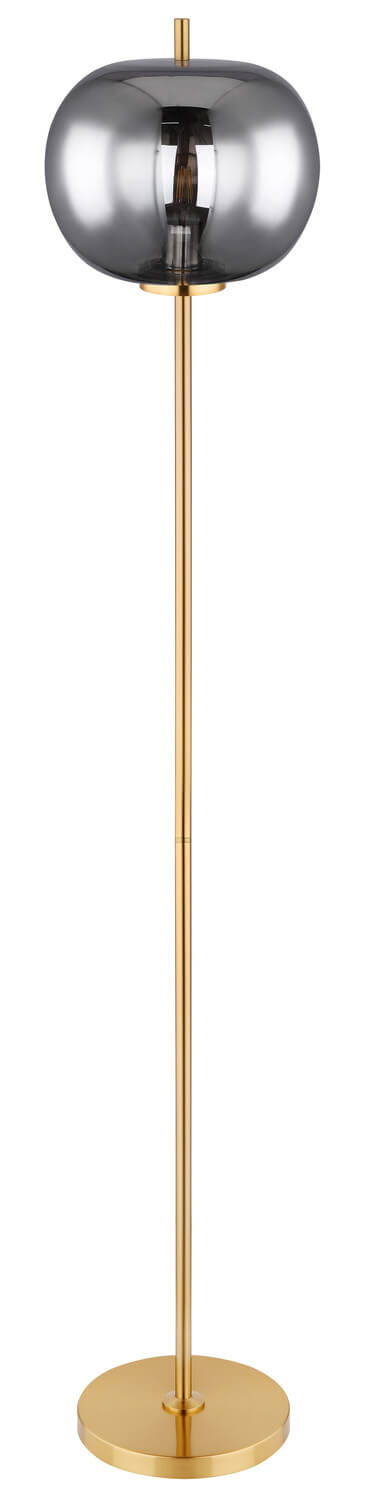 Second angle du lampadaire entier, socle rond doré et diffuseur globuleux.