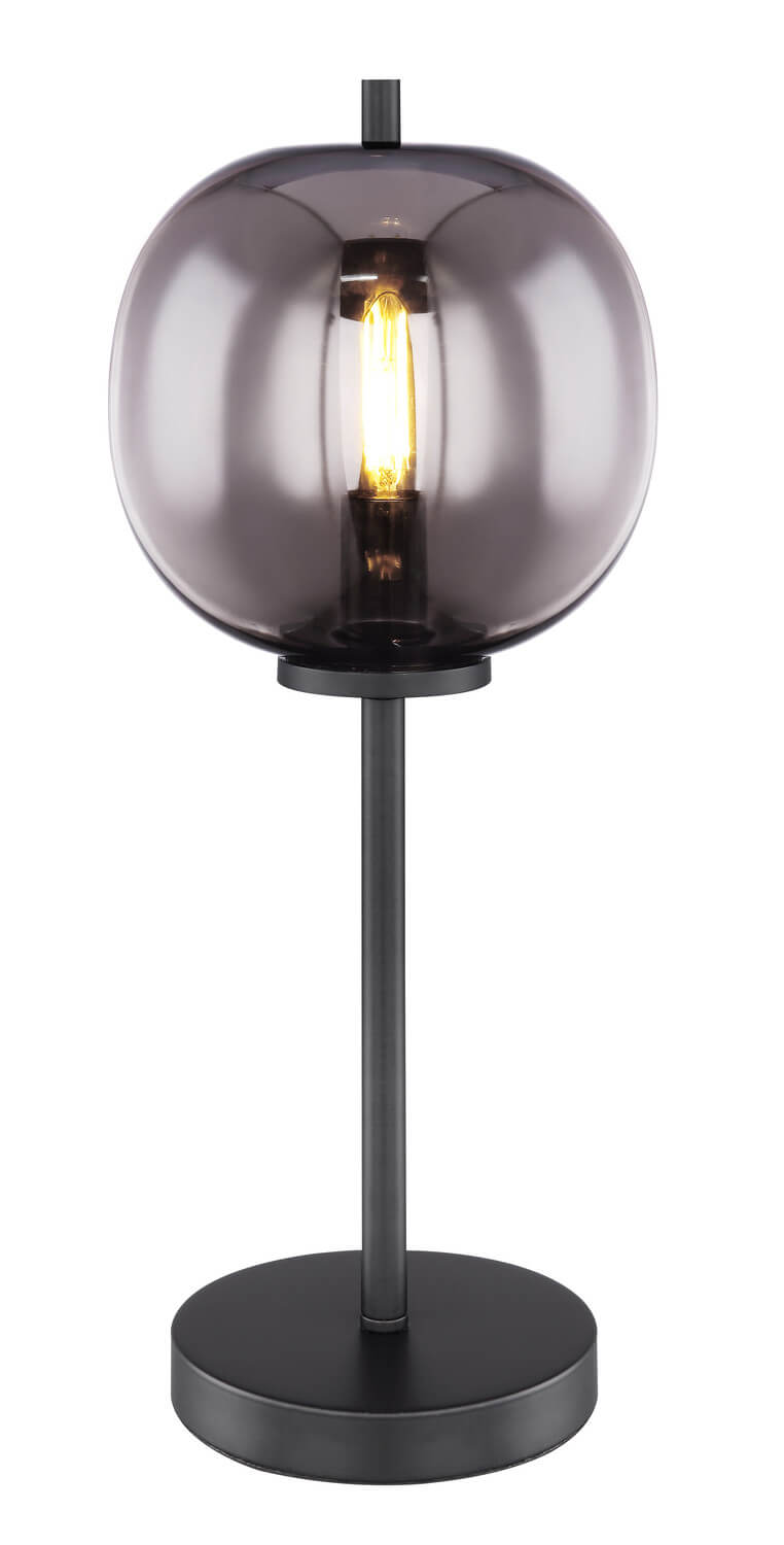 Vue de face de la lampe à poser noire avec globe en verre fumé.