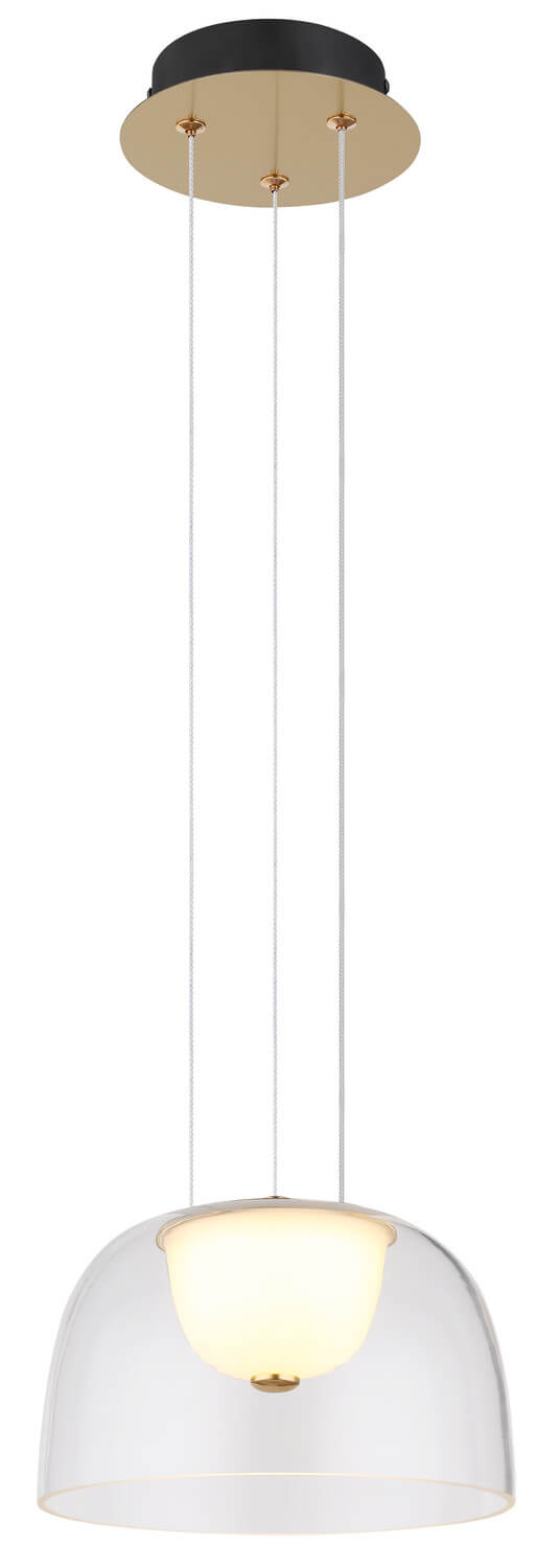 Vue en pied du luminaire, abat-jour bombé transparent et diffuseur intérieur lumineux