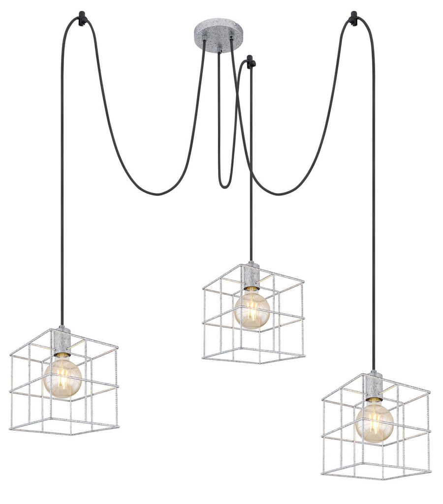 Suspension trois cages cubiques en fil métallique, vue de face sur fond blanc