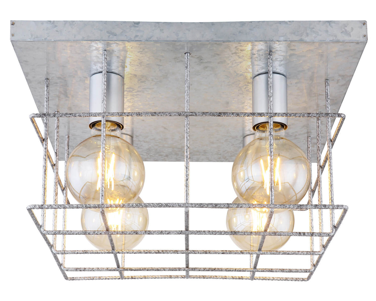 Vue de face détaillée du carré grillagé avec quatre ampoules à filament visibles