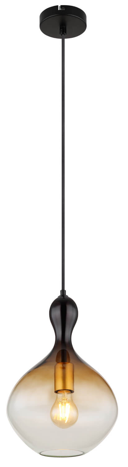 Vue de face du luminaire suspendu avec sa rosace noire et son câble.