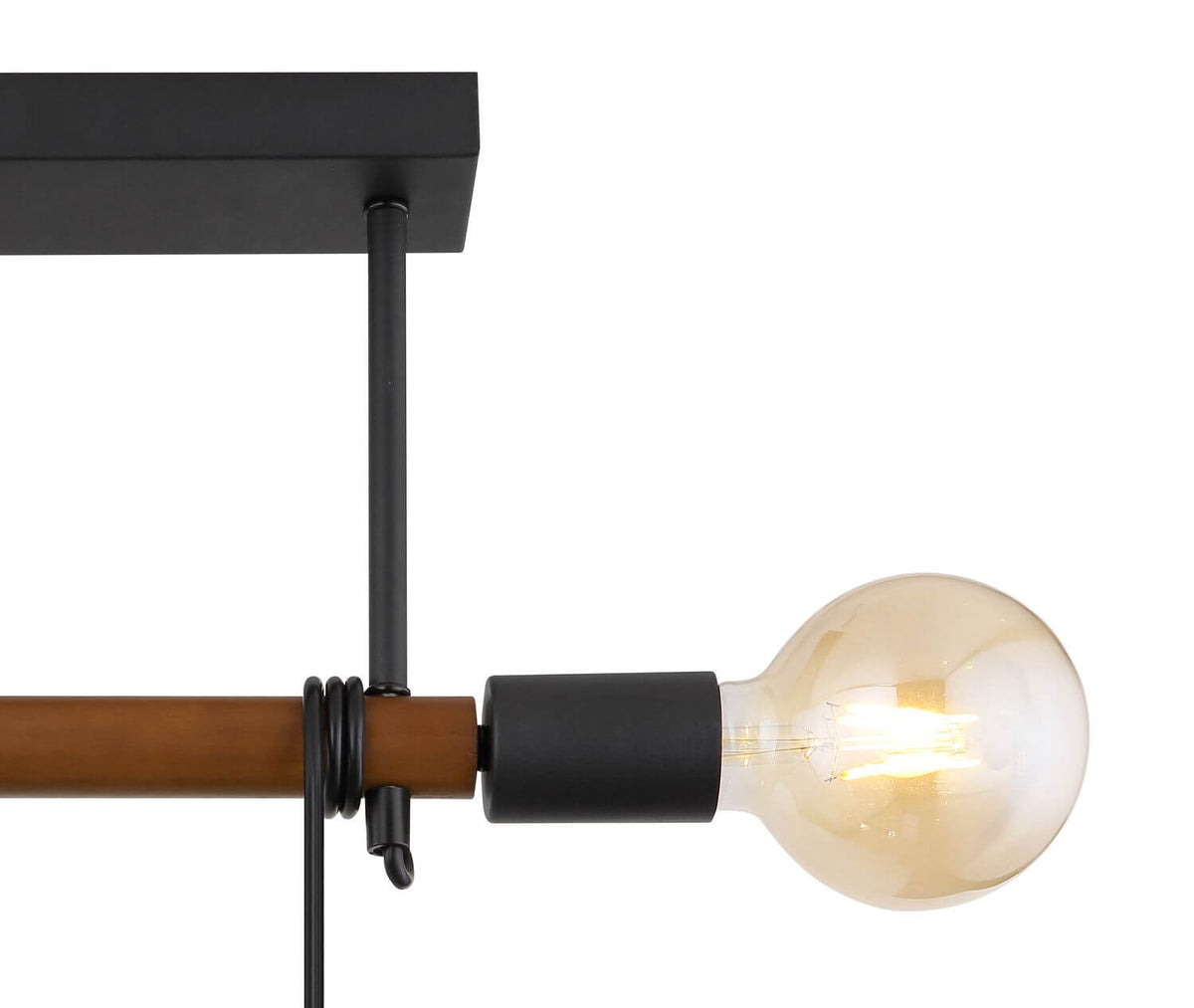 Détail de la finition noir mat, du bois et de la douille avec ampoule