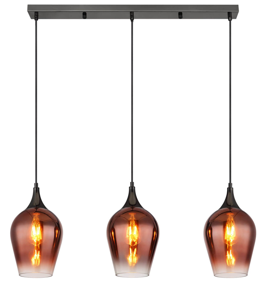 Produit seul sur fond blanc, trois pendants allumés sous une barre rectangulaire noire.