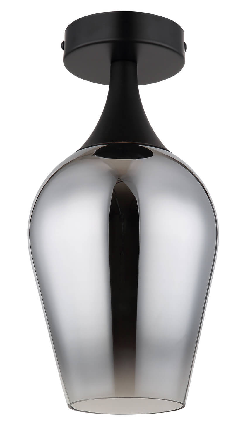 Plafonnier éteint montrant le verre fumé gris et la base noire fixée au plafond.