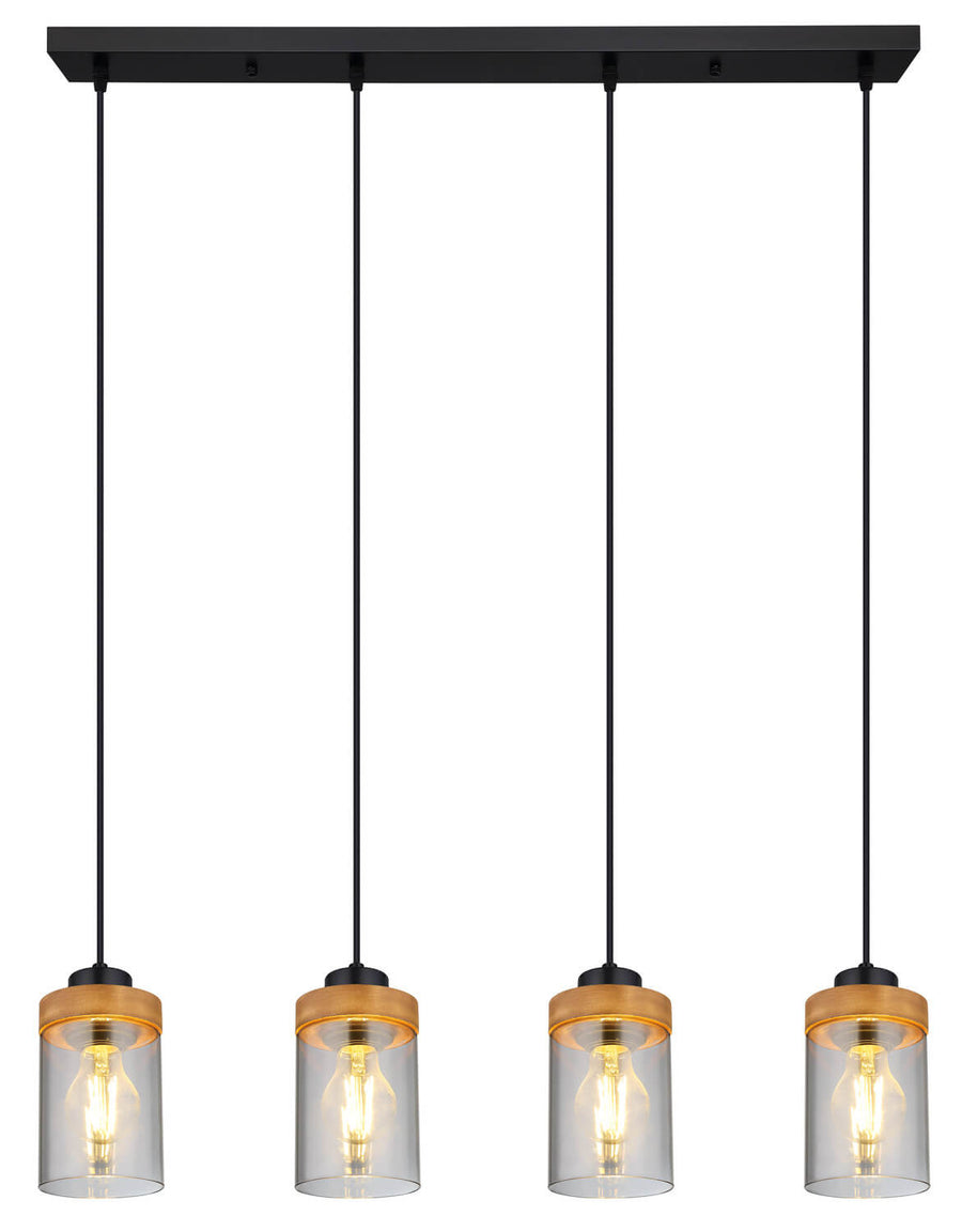 Luminaire allumé dévoilant quatre abat-jours en verre et bois clair
