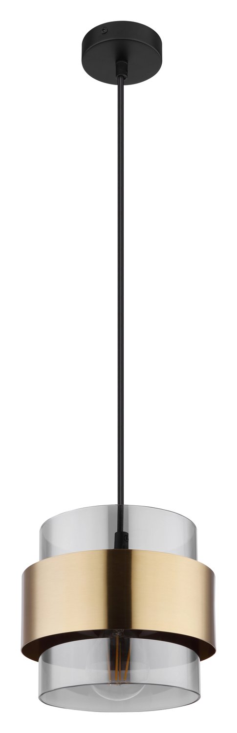 Détail du luminaire suspendu allumé, mettant en valeur la finition dorée.